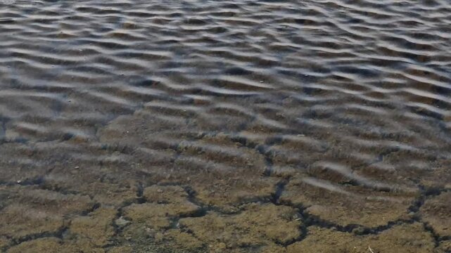 ​Clear shallow water rippling over cracked dry mud ground surface