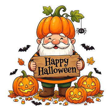 Cartoon gnome holding Happy Halloween sign surrounded by pumpkins and candy