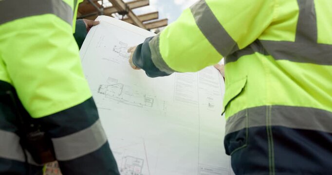 Hands, engineers and blueprint on construction site for planning, explain design or renovation ideas. Men, project team and floorplan at worksite for urban development, collab or infrastructure check