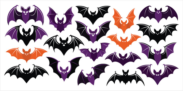 Assorted collection of spooky bat silhouettes in purple, orange, and black colors isolated on a plain white background