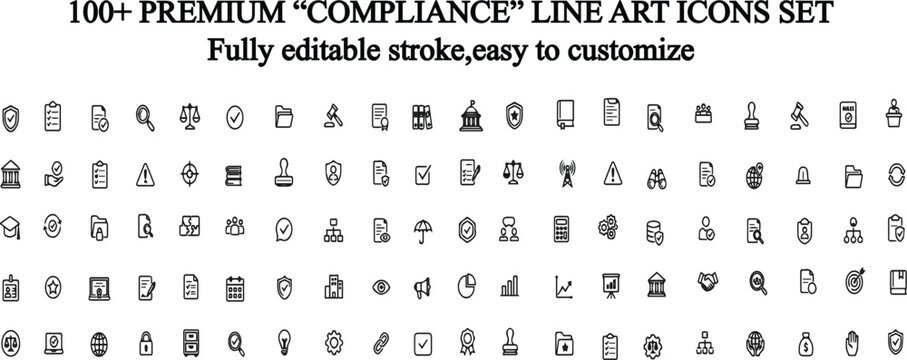 Compliance Regulator Line Art Icons Set Professional Regulatory, Governance & Audit Vector Collection.ideal for business, finance, legal, government, cybersecurity, and corporate compliance projects.