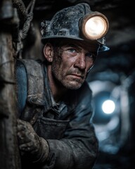 Fototapeta premium Photorealistic medium shot of miner middle aged man protective gear worn over his face wearing industrial uniform while carrying heavy mining lamp within rustic mine tunnel rendered realistic texture