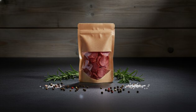 Gourmet dried meat slices on dark slate with herbs