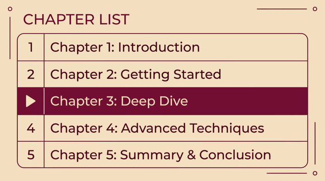 chapter list design with beige background and maroon text or minimalistic digital menu with chapter indicators and clean layout