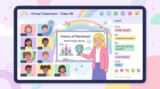 colorful rainbow classroom digital illustration or vibrant school virtual learning scene for children