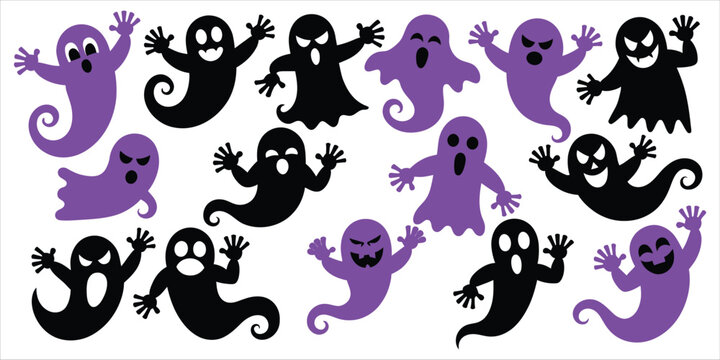 Set of spooky ghost silhouettes in purple and black, halloween themed floating spirits, isolated on a white background