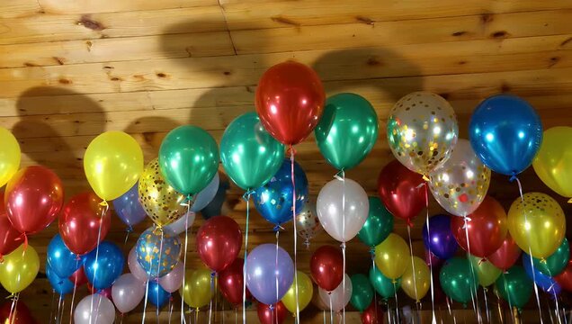A beautiful high definition 4K event video showing a large bundle of colorful helium party balloons hanging from a wooden ceiling gently swaying to create a warm and festive holiday atmosphere