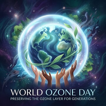 vibrant world ozone day digital illustration with diverse hands protecting a glowing earth from space