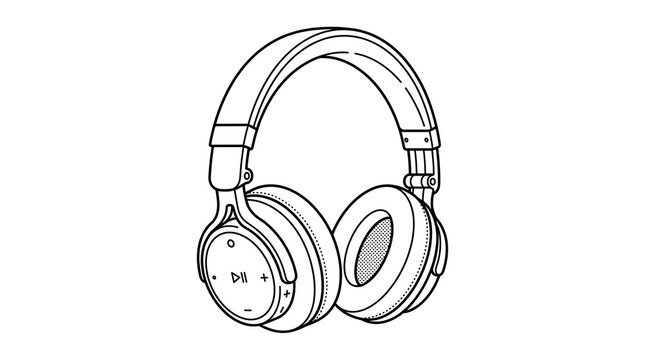 Headphones line art illustration isolated on white background pencil sketch style.