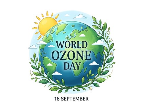 world ozone day digital illustration with earth surrounded by green branches and a warm sun