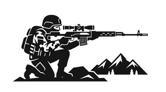 Soldier Sniper Aiming Rifle in Mountains - Silhouette Icon