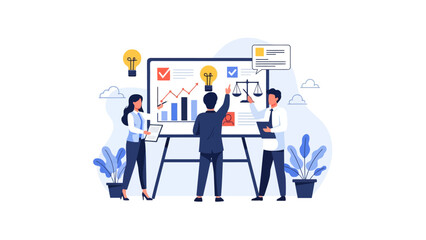 Naklejka premium Business Team Analyzing Data and Strategy on Whiteboard