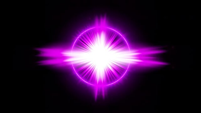 Abstract purple neon starburst lens flare animation with morphing rays, intense violet circular light aura with magical glowing fx isolated on black 4K