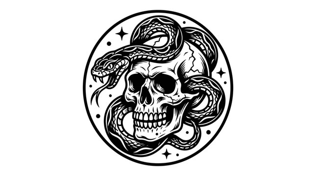 Snake Coiled Around Skull, Mystical Symbol, Tattoo Design, Black and White