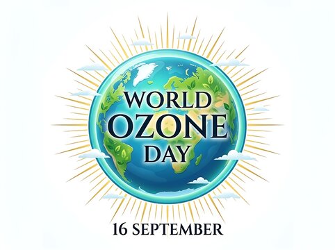 world ozone day graphic featuring stylized planet earth with golden sunbeams on plain white background