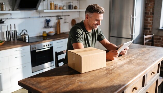 Smiling mature man sitting at a wooden kitchen table with a cardboard box and using a digital tablet, online shopping and home delivery concept for e-commerce and retail