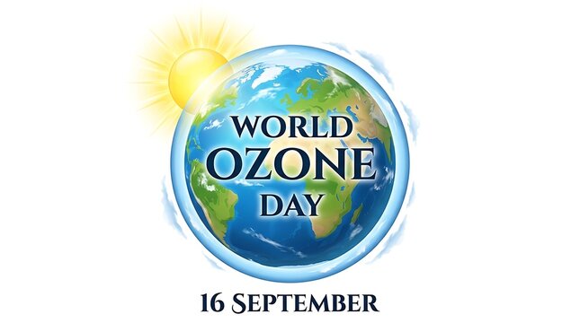 world ozone day graphic featuring a stylized transparent earth with bright sun and bold text