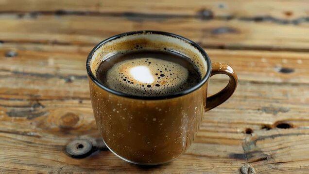 A premium quality high resolution 4K close up video of a hot ceramic mug of freshly brewed coffee resting on a rustic textured wooden table with rising steam creating a warm inviting and relaxing