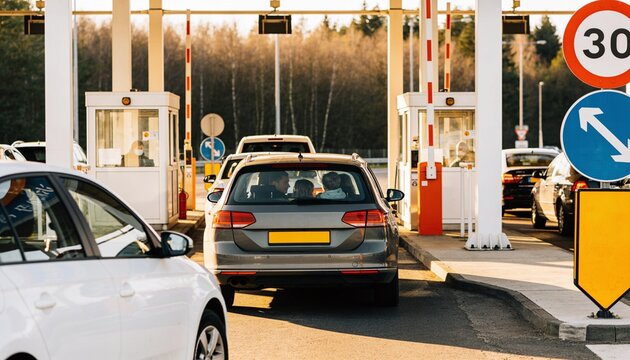 Family in a car stopping at a highway toll booth station during golden hour, transportation and travel concept for road trip adventure and border crossing