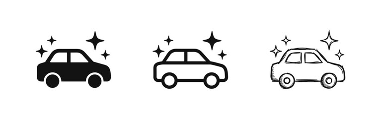 Car wash icon set with sparkles © drawing lines