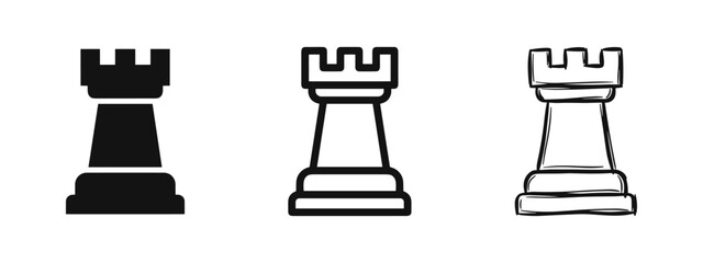 Chess rook icon set in various artistic styles © drawing lines