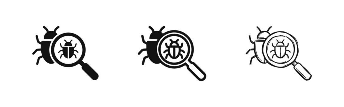 Bug search icon set with magnifying glass
