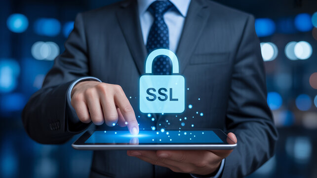 Businessman hand tapping digital tablet hologram with ssl lock and padlock icon symbolizing secure online connection with interacting tablet
