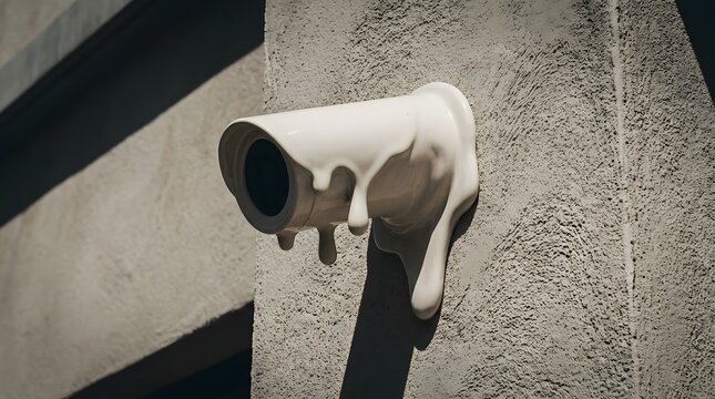White security camera featuring a unique melting motif on a textured concrete wall for creative surveillance and surreal urban privacy concepts