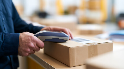 Fototapeta premium Closet up view of an unrecognizable person scanning a barcode on a cardboard parcel using a handheld scanner in a bright, modern warehouse
