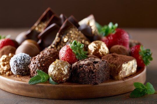 Luxury chocolate dessert board with gold leaf truffles, brownies and strawberries for gourmet platter background and upscale event menu design