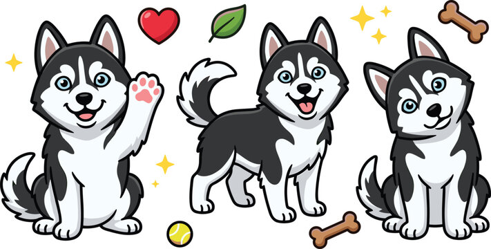 Cute Siberian Husky Puppy Cartoon Character Vector Set with Happy Dogs Waving Paw Standing and Tilting Head with Toy Bones and Ball Stickers