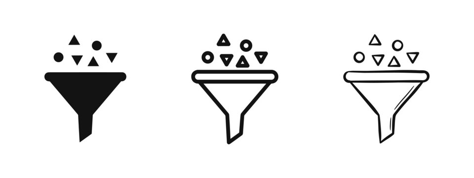 Set of funnel filter icons, data processing symbols, flat, linear and hand drawn style