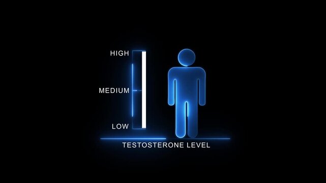 Testosterone Level Indicator with Human Silhouette. Glowing neon animation and black background .good level on high measure scale. Instrument scale with silhouette of a neon man.