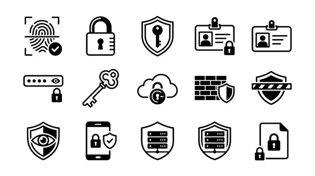 Computer Security and Data Protection Vector Icon Set Featuring Fingerprint Scan Locked Padlock Shield User ID Card and Digital Privacy Symbols