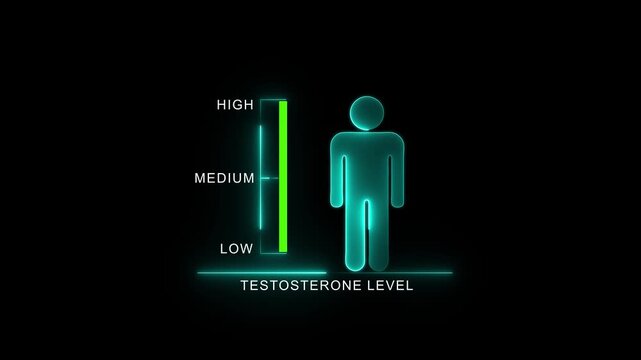 Testosterone Level Indicator with Human Silhouette. Glowing neon animation and black background .good level on high measure scale. Instrument scale with silhouette of a neon man.