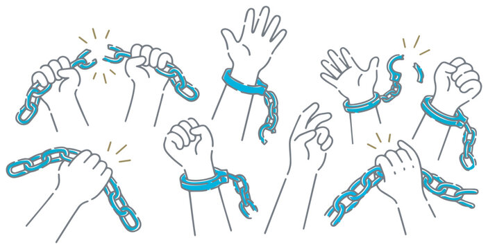 Collection of hands breaking chains, symbolizing freedom, liberation, and overcoming obstacles.