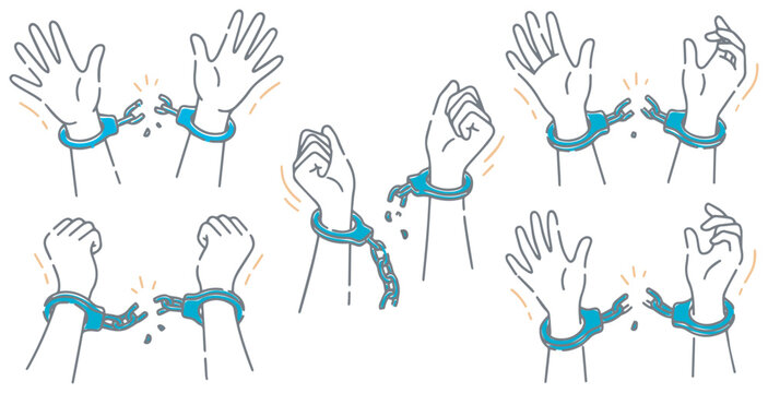 Illustrations depicting hands breaking free from handcuffs, symbolizing liberation and freedom.