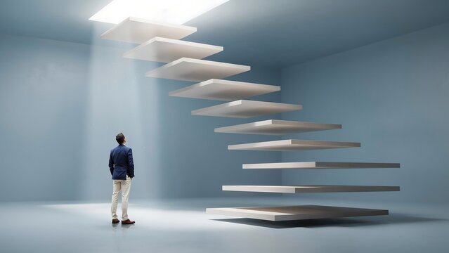 Businessman looking at floating stairs in a light room