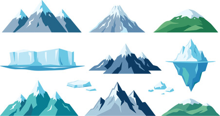 Snowy mountains and glacier icebergs vector illustration element collection featuring rocky peaks volcanos and frozen arctic landscape scenery © MST