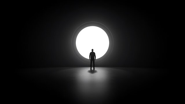 Silhouette of a man standing in front of a bright circle