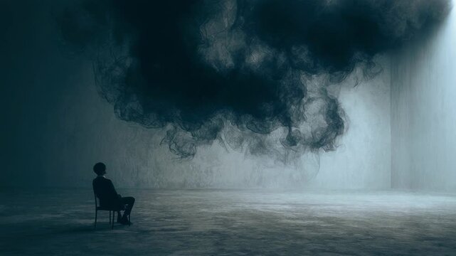 Man sitting on chair in empty room under dark smoke cloud. Concept showing mental disorder, loneliness, burnout, and internal emotional pain or depression state.