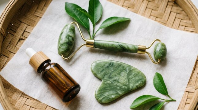 Jade facial roller and gua sha stone with essential oil bottle on bamboo tray