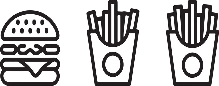 Minimalist Fast Food Icon Set: A collection of clean black line art icons featuring a classic hamburger with sesame bun alongside two boxes of crispy french fries.
