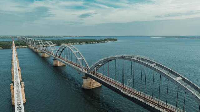 Long Arc Bridge connecting across water on river godavari in Rajahmundry India