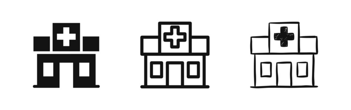 Hospital building icons: medical clinic sign in three styles
