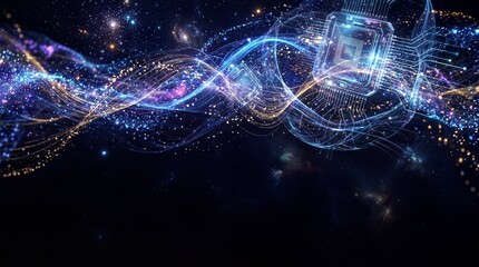 Fototapeta premium futuristic technology vision, glowing quantum computing elements float amidst vibrant energy in deep space