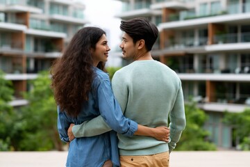 Fototapeta premium Couple holding each other facing city view with modern apartments for romantic relationship background and lifestyle design