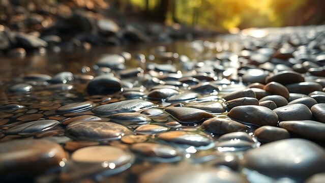 A shallow stream with smooth pebbles forming a natural path.