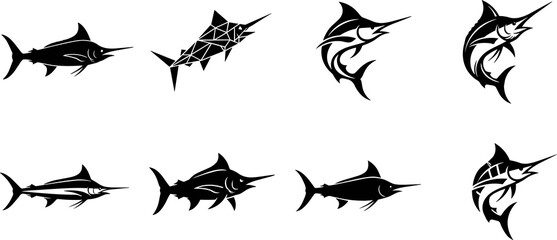 Fototapeta premium Stylized marlin and swordfish silhouette collection featuring tribal, geometric, and streamlined aquatic designs for ocean vector art