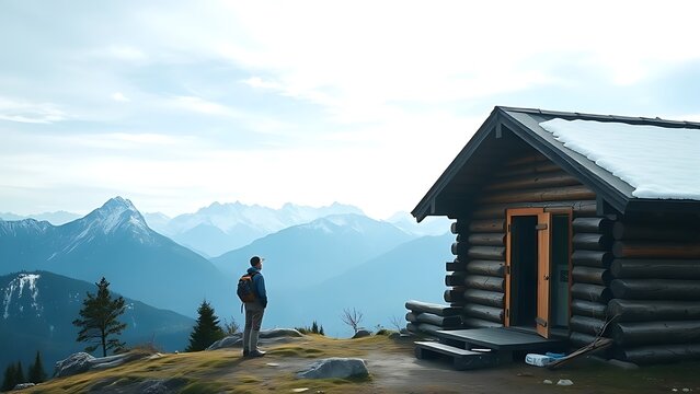 A hiker resting by a wooden cabin, looking at distant snow-capped mountains.